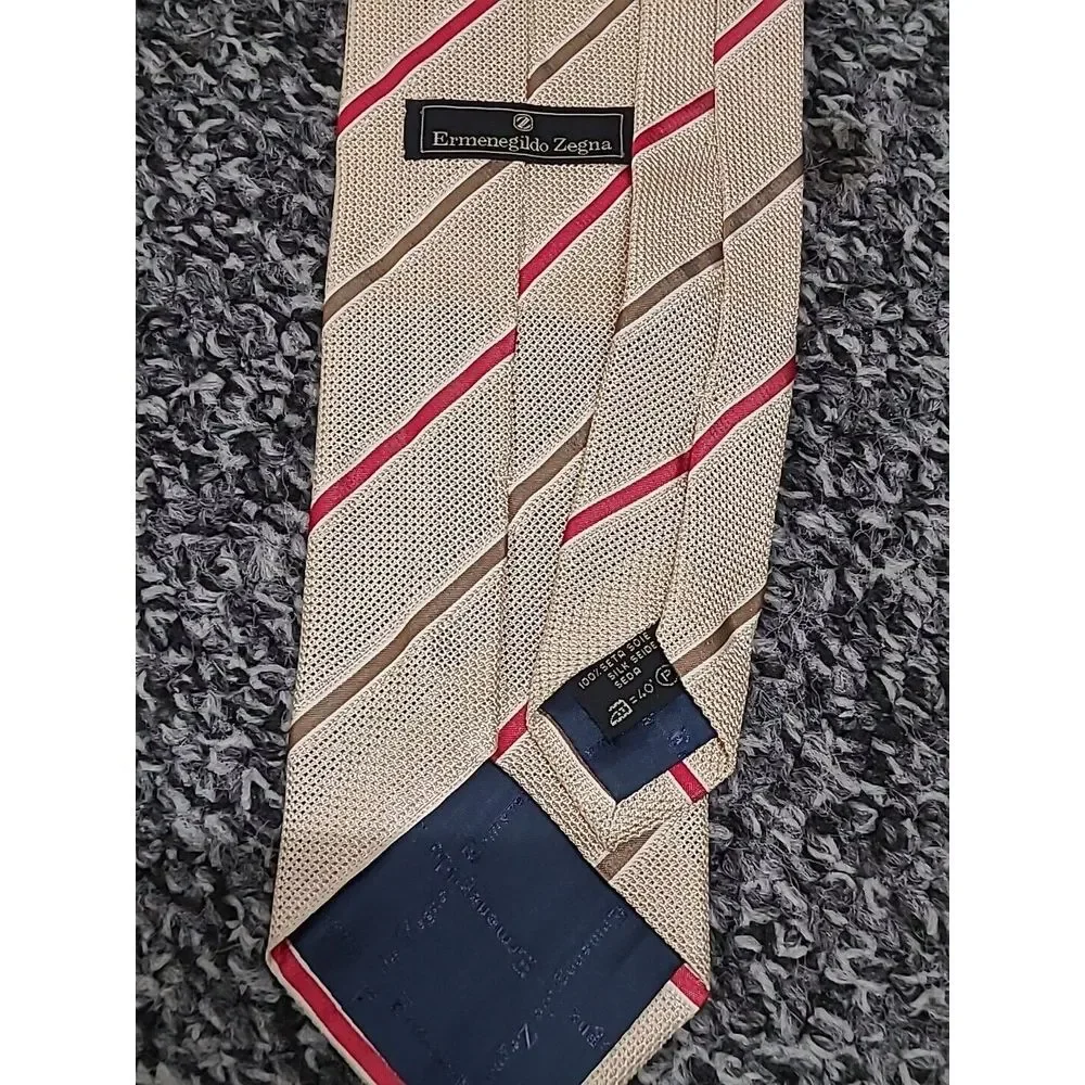 Ermenegildo Zegna‎ Tie Striped Cream Red Stripe Silk Necktie 58/3.75